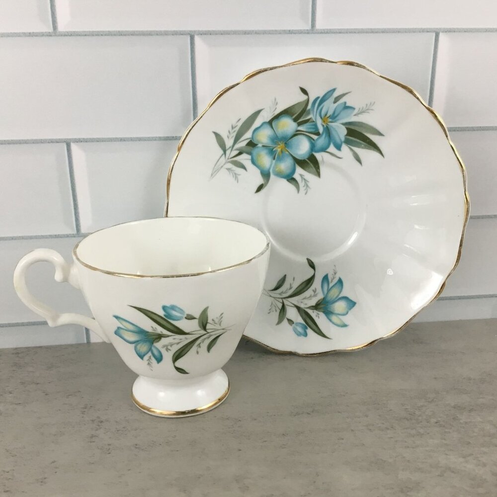 Regency Blue Floral Tea Cup Saucer Bone China Made in England Blue Flowers